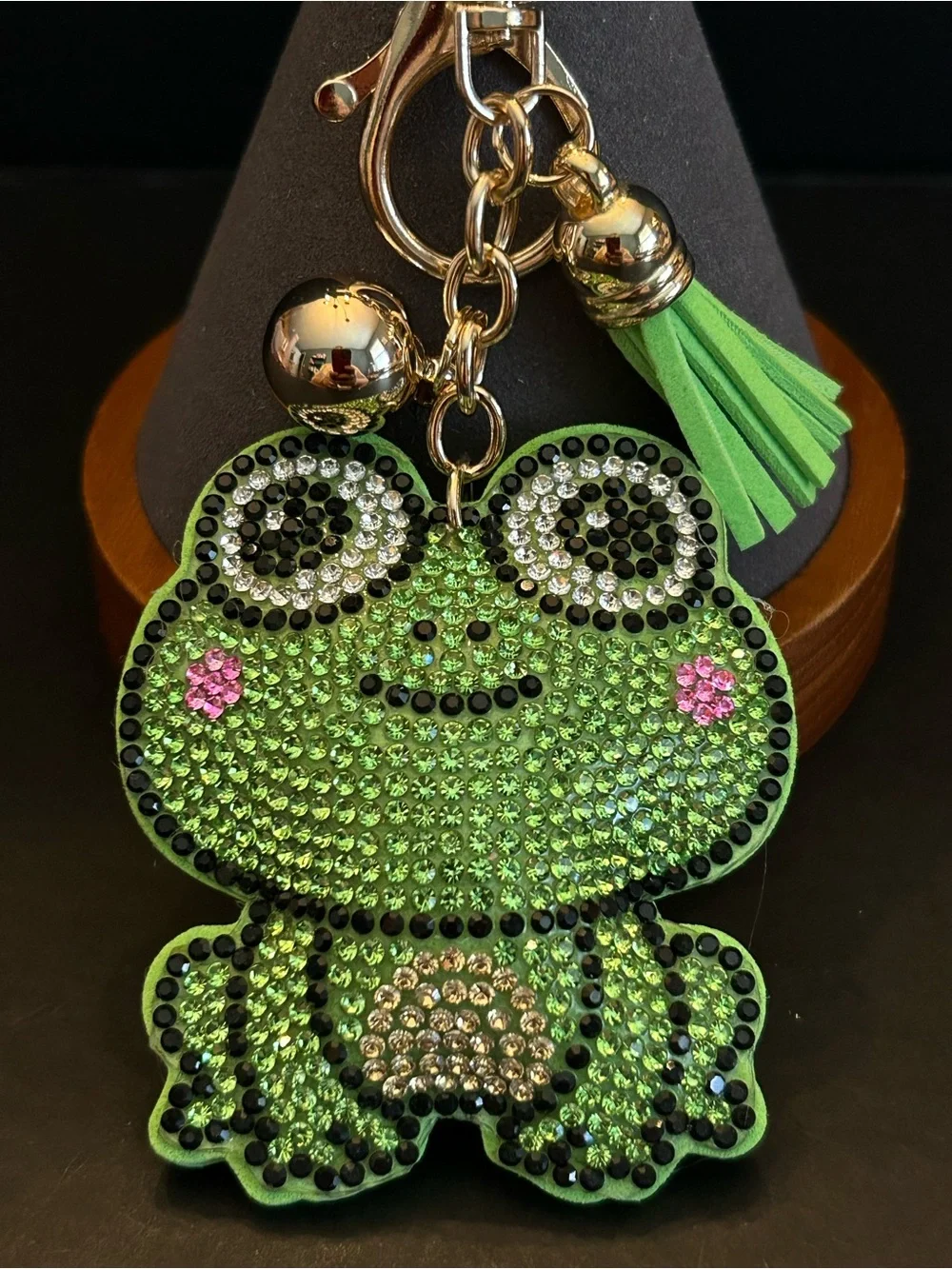 PREMIUM Puffy Green Rhinestone Frog Bag Charm Keychain w/Tassel & Gold Hardware